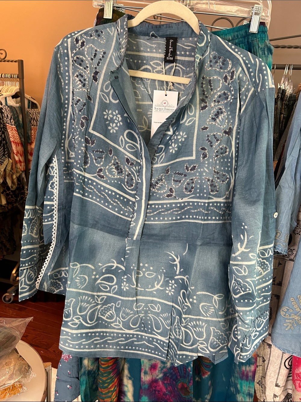 Sacred Threads NWT Top Blue Cotton Lightweight Size S/M M/L